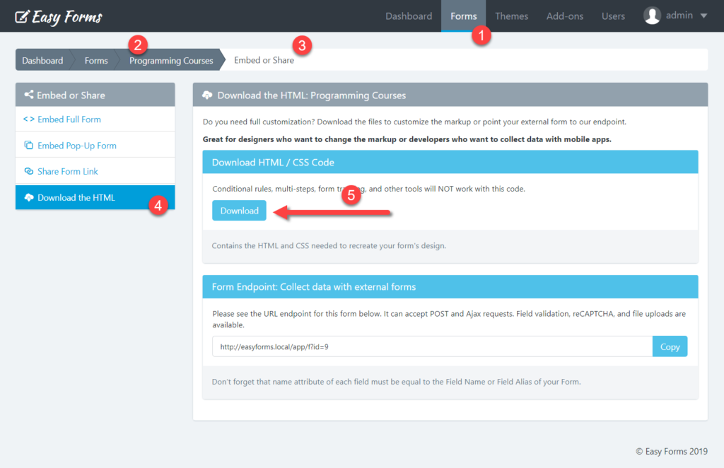 How to download the HTML Code of your Form – Easy Forms Support